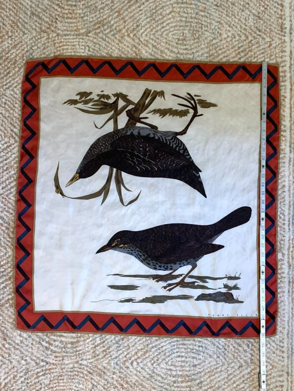 Vintage Perry Ellis Silk Scarf 31” Square Rolled Hem Bird Design - Picture 10 of 10
